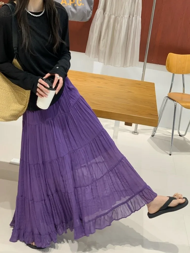 

Юбка Feita Pure Color из тюля, женская, с богатой отделкой, с завышенной талией, А-силуэт, стройнящая, драпированная, миди, дышащая, комфортная