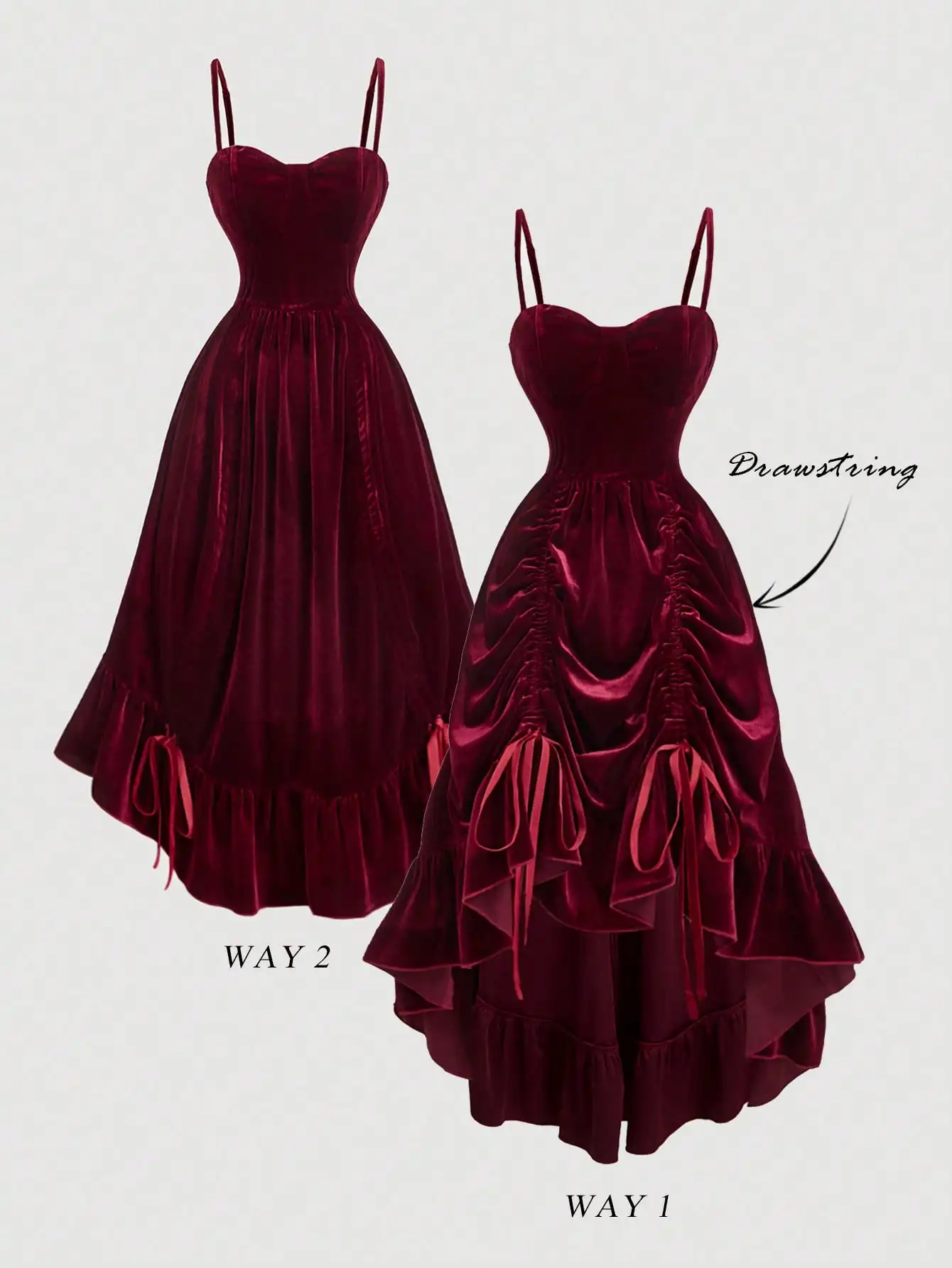 

Burgundy Velvet Long Dress with Drawstring Ruching and Tiered Hem