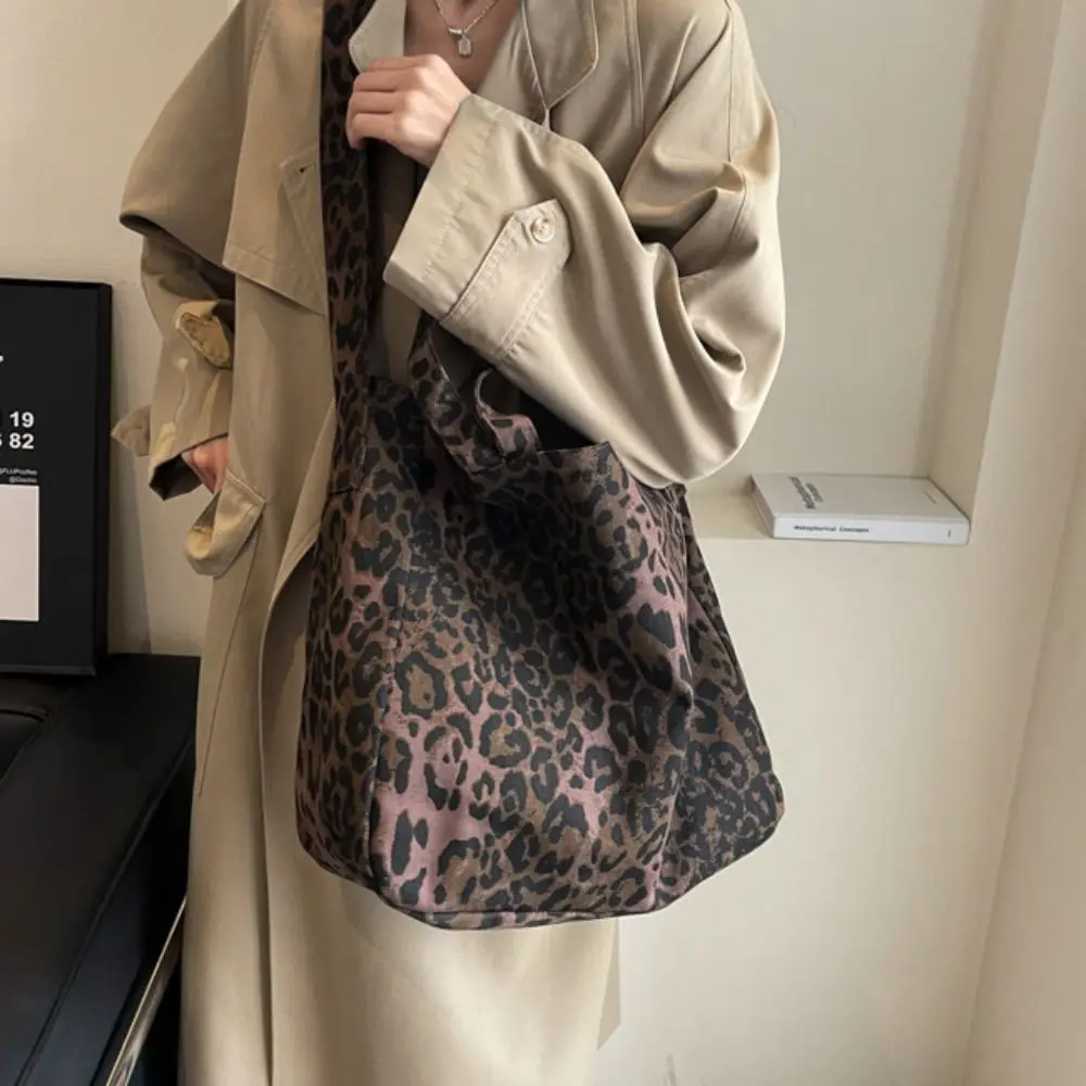 

Trendy Large Capacity Leopard Crossboby Bag Oversized Retro Canvas Tote Bag Casual Commuting Handbag Shopping