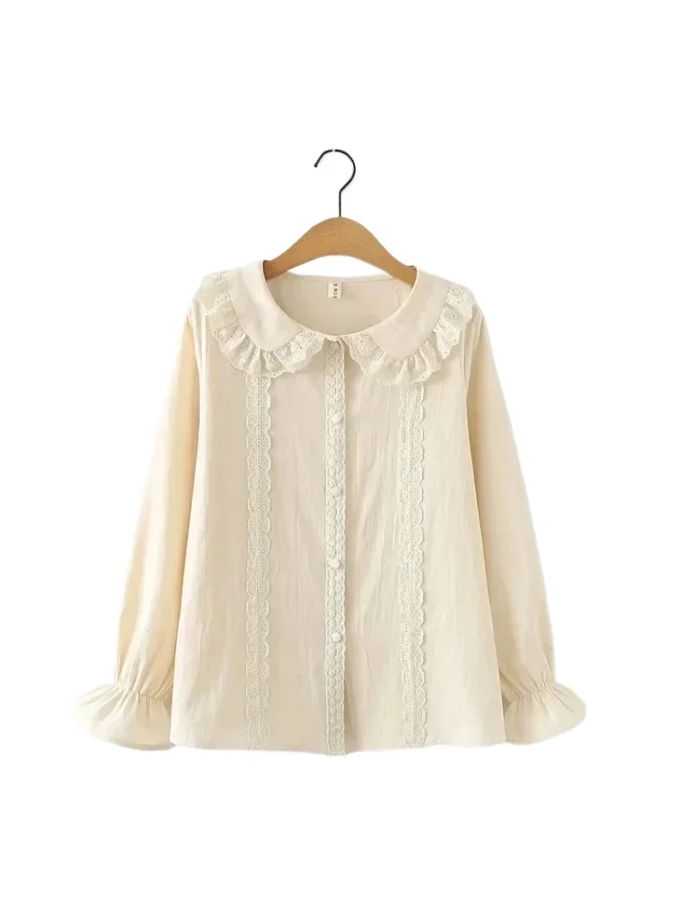 

Женская кружевная рубашка, повседневная однотонная хлопковая блузка с длинным рукавом и круглым воротником, осень 100%