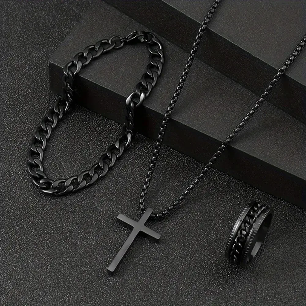 3pcs Fashion Alloy Men's Cross Pendant Necklace, Bracelet & Ring Combo Jewelry Set image 5