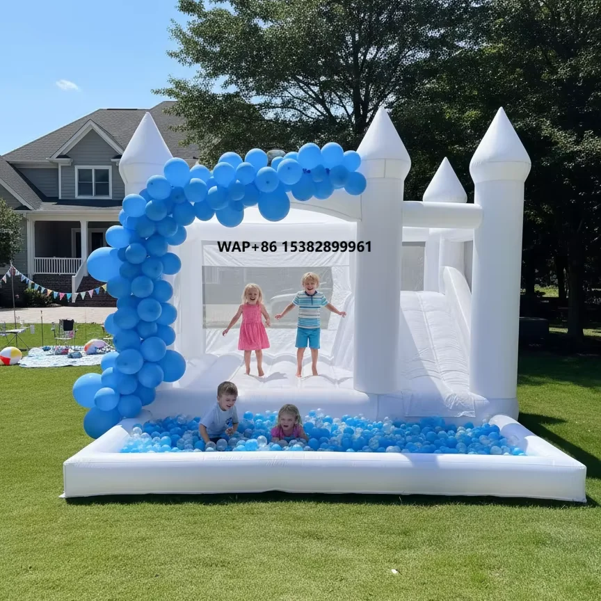 

White Playground Bouncer 15x13x11ft Inflatable Castle Bouncy Slide Jump Bounce House for Kids and Adults