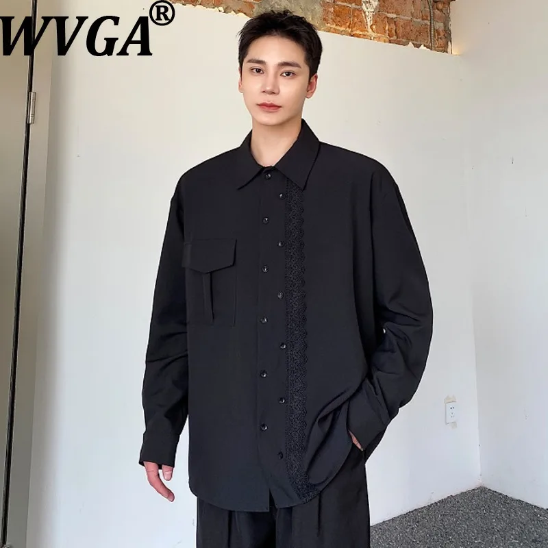 

WVGA Spring Autumn New Man Tide Shirt Turn-down Collar Lace Patchwork Trendy Design Niche Chic Casual Long Sleeve Top Ins W12236