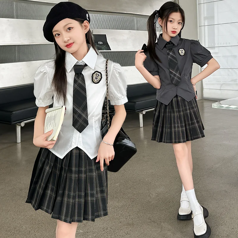 

vetement fille Bubble sleeve shirt Checkered pleated skirt 2pcs 8 10 14 teenager girls jk skirt sets kids suit children outfits