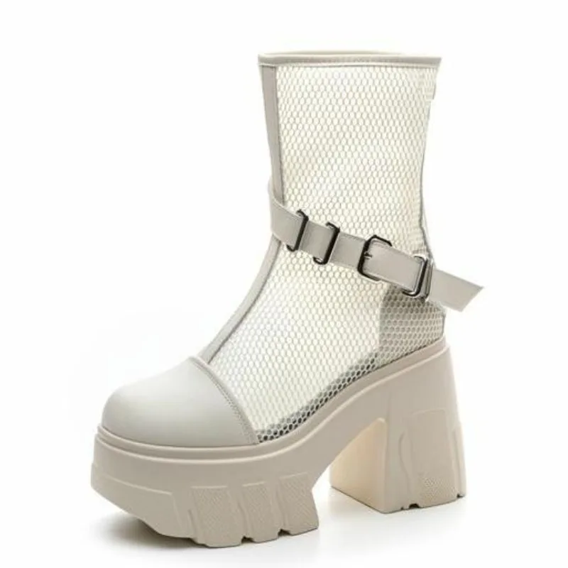 

11CM Ankle Boots Microfiber Genuine Leather Platform Wedge Flats Sandals Women Air Mesh 2025 Summer Ladies British Style Shoes