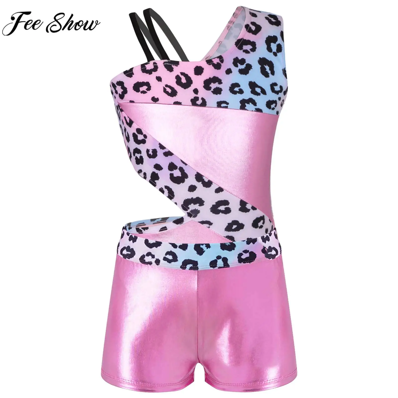 Children Girls Dance Leotard Gymnastic Ballet Stage Performance Outfits Dancewear Sleeveless Printed Cutout Bodysuit with Shorts