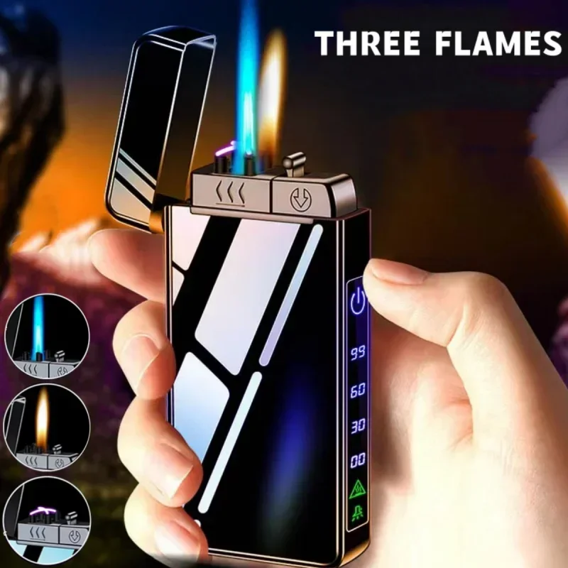 

2024 New Metal USB Windproof Lighter Torch Jet Dual Arc Cigar Lighter Butane Gas Battery Level Display Men's Smoking Accessories