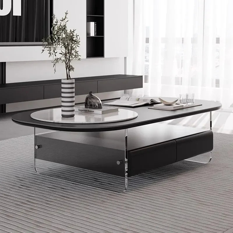 ​​Nordic Floating Acrylic Coffee Tables Oval Black Marble Double Layer Modern Luxury Designer Aesthetic Café Furniture FYCT​