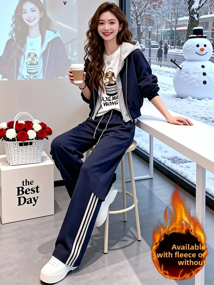 

Spring 2026 Women's Fashion Anti-Aging Fleece Lined Sports Set Casual Style Two-Piece Suit Comfortable High Waist Wide Leg Pants