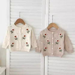 2024 New Autumn Infant Baby Girls Knitting Cardigan Long Sleeved Knitted Flower Embroidery Newborn Baby Girls Sweater Coat