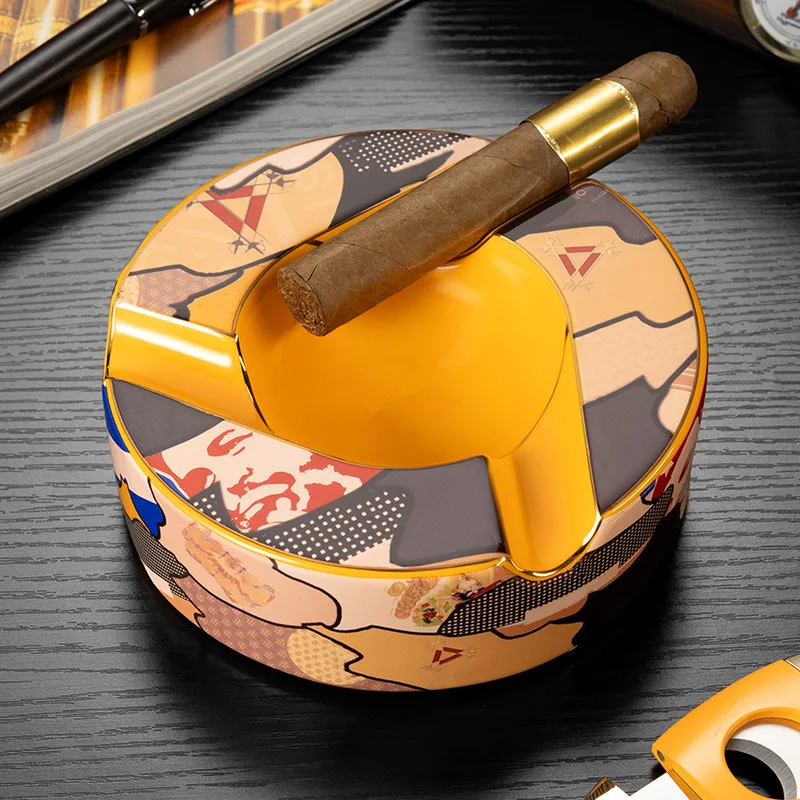 Large Caliber Ceramic Cigar Ashtray, 3 Cigar Slots Smoke Trough, Decorative Pattern with Anti-Slip Base, Cigar Smoking Ornament