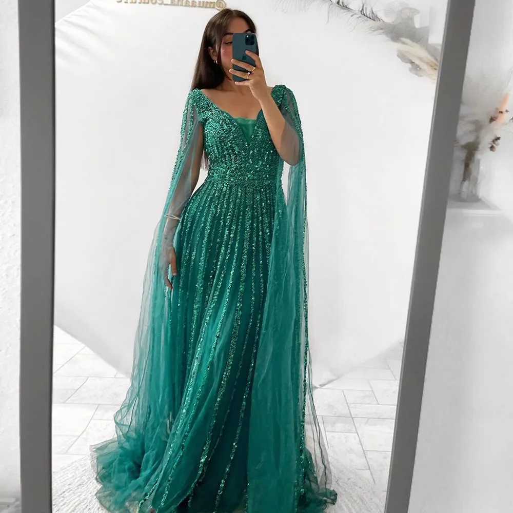 Elegant Green Beaded Sequined Evening Dress for Women 2024 Luxury Cape Sleeves V Neck Long Formal Prom Wedding Party Gowns 2024