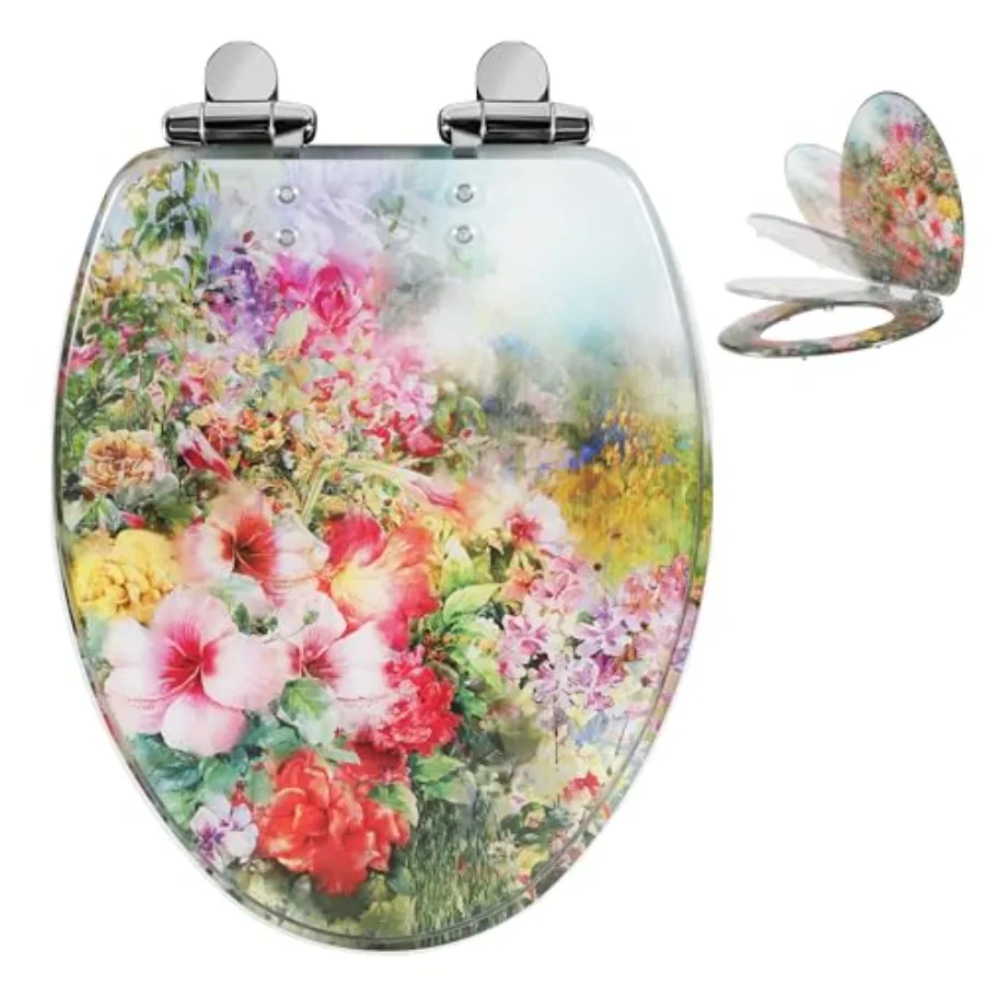 

Elongated Resin Toilet Seat Flowers Slow Close Quick Release Metal Zinc Alloy Hinge Easy to Install also Easy to Clean Decorati