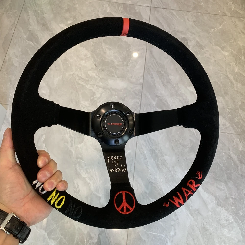 No War 14Inch Peace&Love Universal Racing Tiypeor Steering Wheel Car JDM Suede Steering Wheel Volantes For VW HONDA TOYOTA BMW