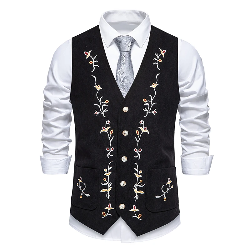 Western Corduroy Vest for Men Gothic Waistcoat Floral Embroidery Chaleco Vintage Hombre Steampunk Victorian Dress Men Suit Vest