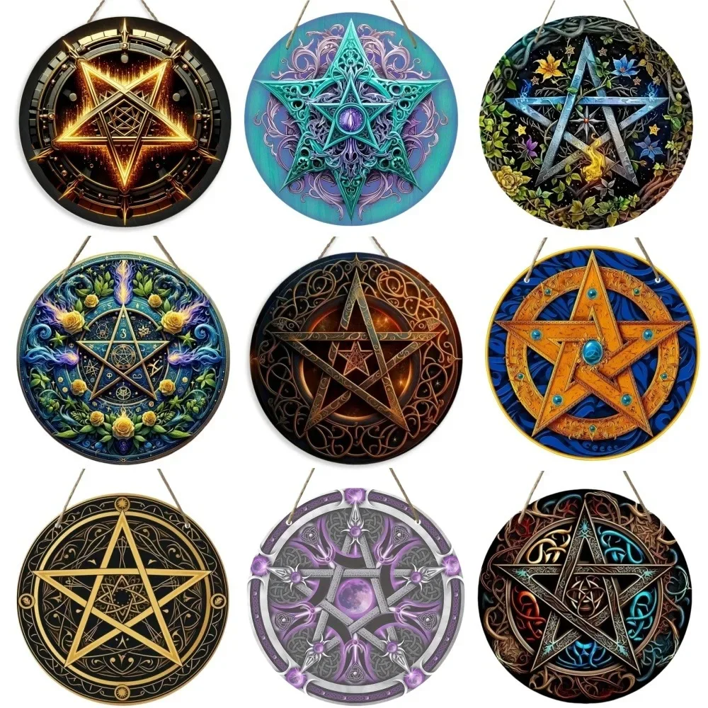 Witch Star Round Wooden Sign, Beautiful Five-pointed Star Themed Wreath Sign for Home, Garage, Hotel, Garden, Cafe Decoration