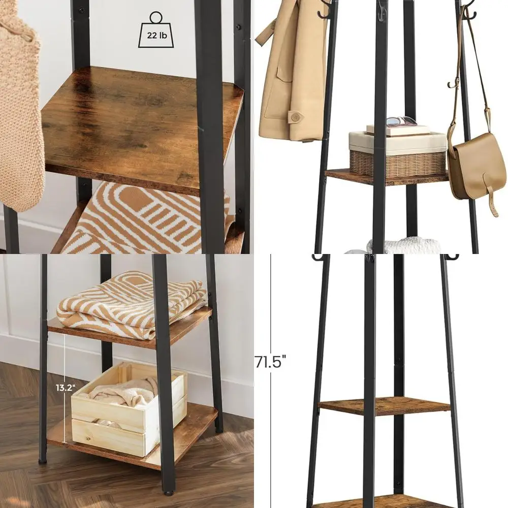 

Freestanding Industrial Style Coat Rack with 3 Shelves and Hooks, Rustic Brown and Black, ULCR80X