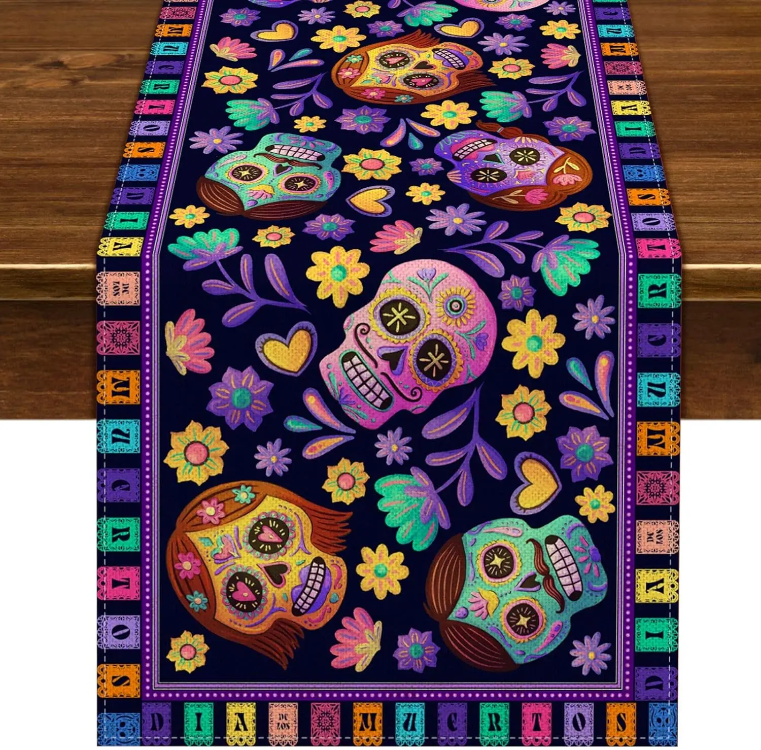 Mexican Sugar Skull Linen Table Runner Fiesta Decor Dia De Los Muertos Day of The Dead Kitchen Table Runner Halloween Decoration