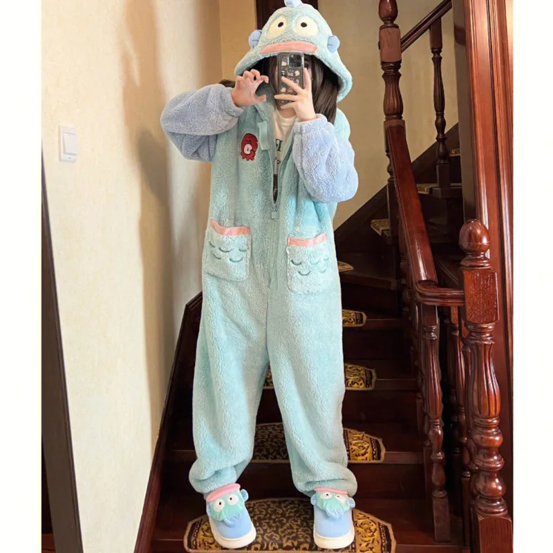 New Sanrio Hanyodon Plush Pajamas Women Autumn Winter Thickened Warm Jumpsuit Girls Sleepwear Pajama Sets For Woman Clothing