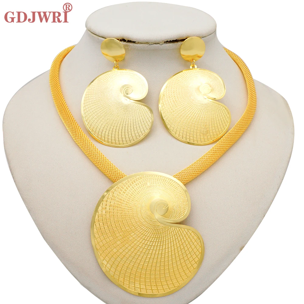 

Trend African Jewelry Set Fashion Dubai Wedding Big Earrings Pendant Necklace For Bridal Design Gold Color Nigerian Accessory