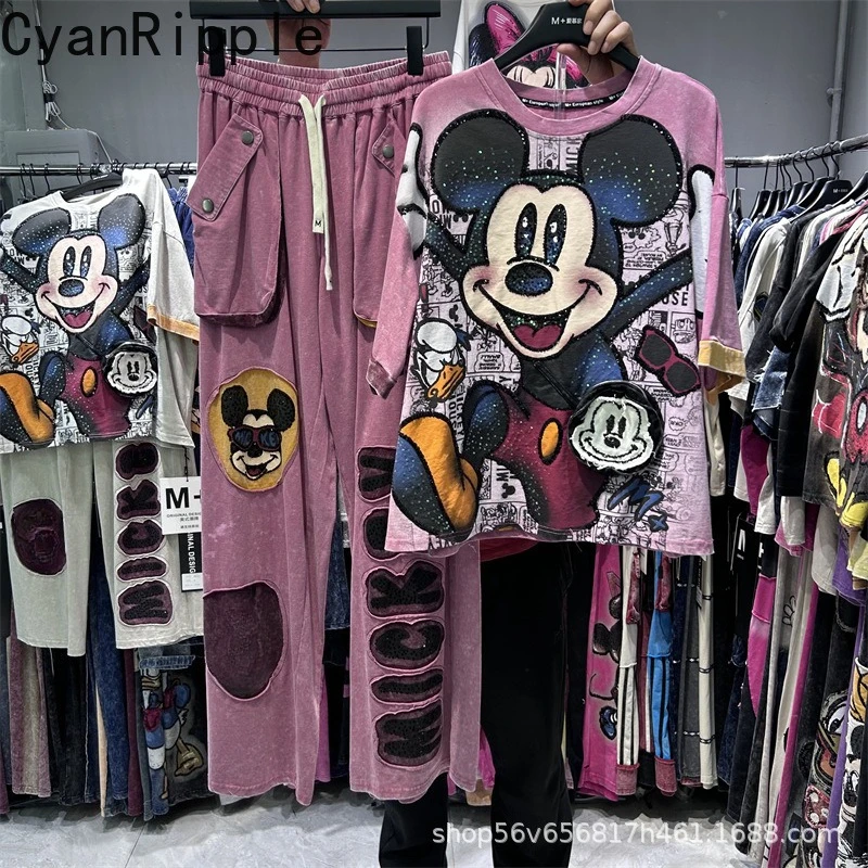 

Trendy New Spring Summer Women Sets Embroidery Mickey Loose Short Sleeve T-shirt Top + Elastic Waist Wide Leg Straight Pants