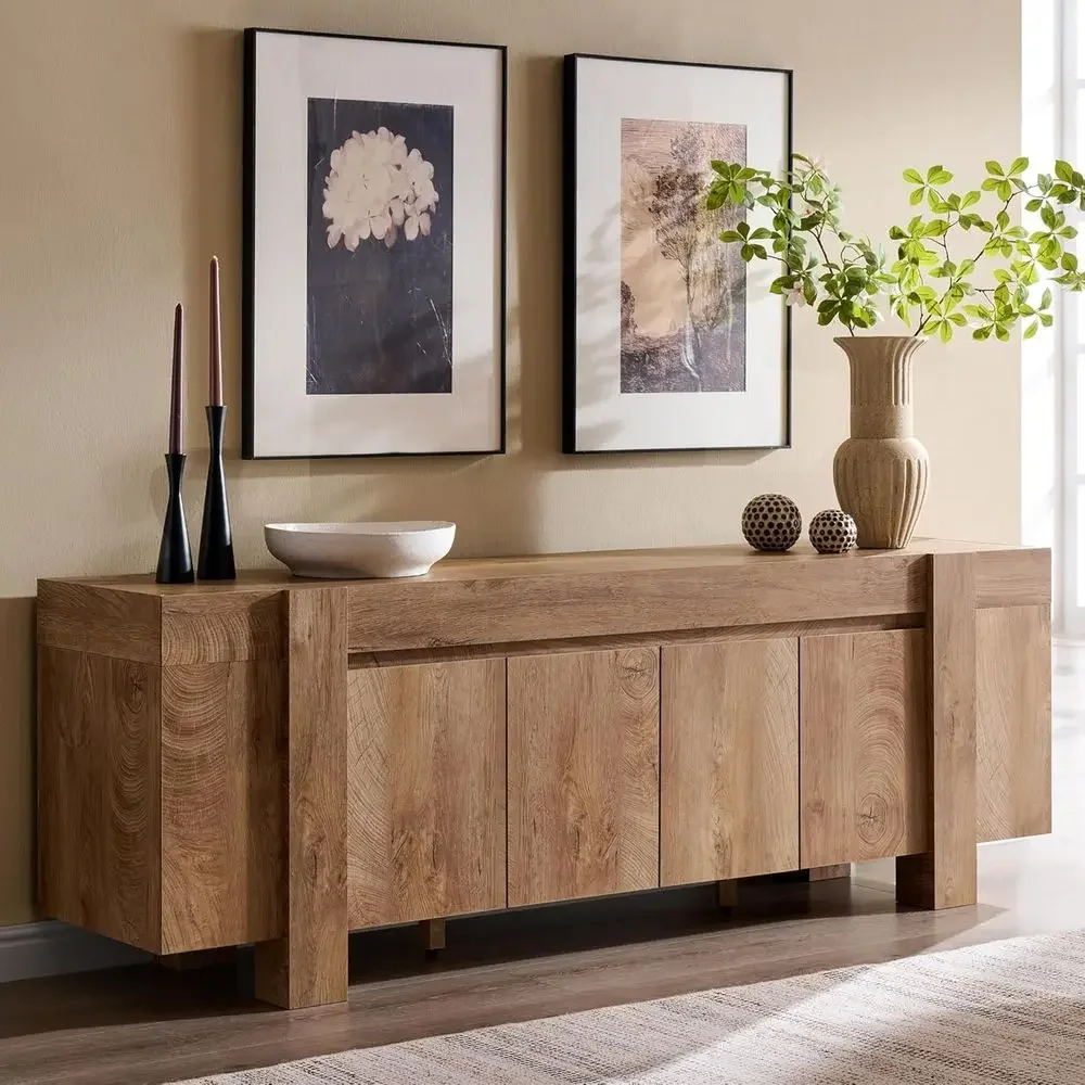 ern armhouse TV Stand, 70" Long Media ole Table with Storage Cabinet, Wooden Entertainment Center or Living Room, Light Knotty