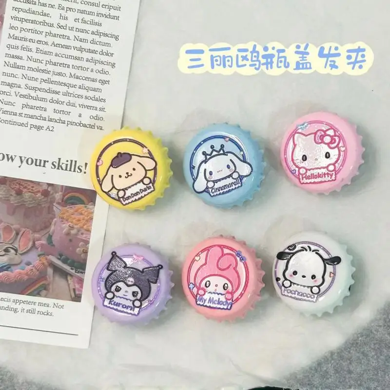 6Pcs Hello Kitty Cinnamoroll Baby My Melody Sanrio Interesting Bottle Cap Hairpin Creative Design Girl Decoration Birthday Gift