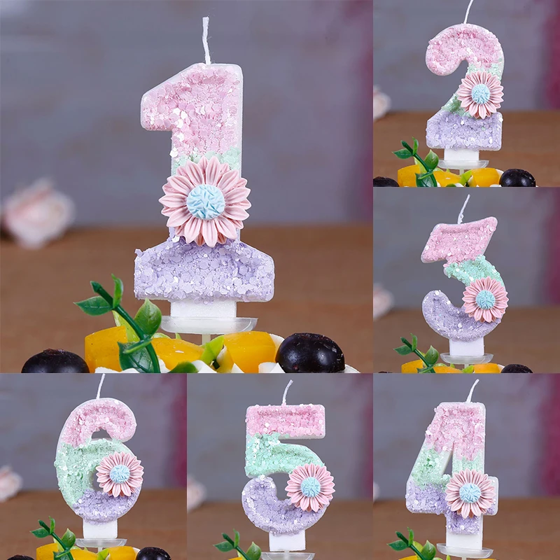 1. digitale Geburtstagskerze, Kuchenaufsatz, große Zahl 0–9, Kerzen, rosa Glitzer, Gänseblümchen, Mädchen, alles Gute zum Geburtstag, Partydekoration für Kinder