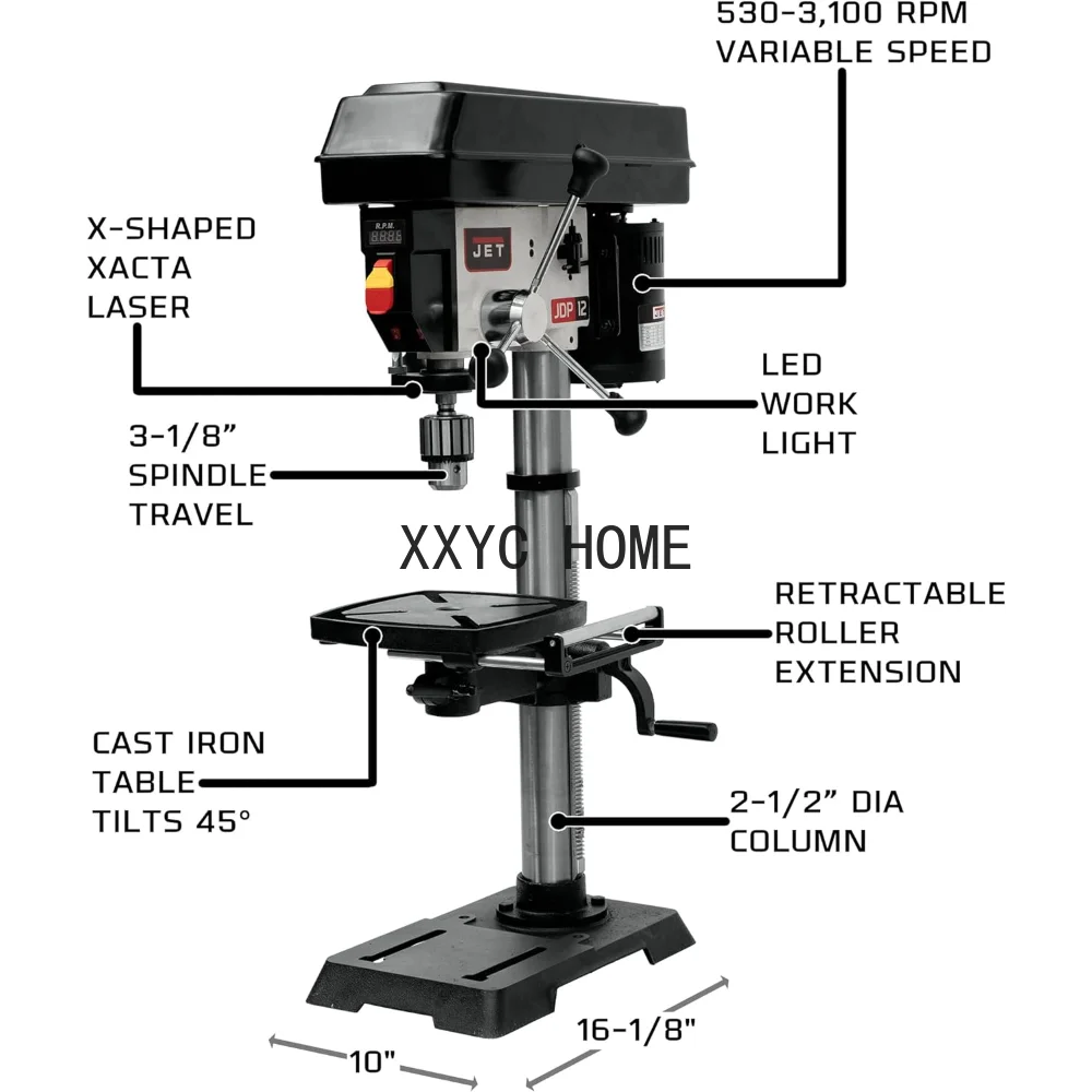 T12-Inch Variable-Speed Benchtop Drill Press, 1/2 HP, 1Ph 115V (JWDP-12)