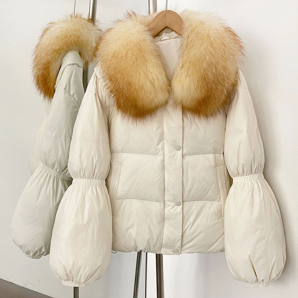 

Women White Duck Down Coat Reality Fur Jacket Warm Outerwear Vintage Loose Ladies Winter Real Fur Short Puffer Jacket Female