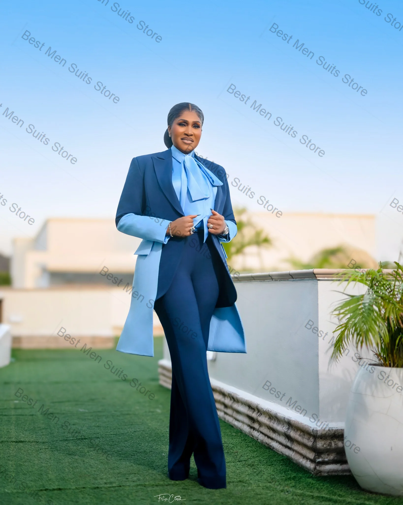 Color Splicing Blue Women Suit Set 2 Pcs Blazer Pants Trousers Cotton Formal Office Lady Jacket Customized Wedding Guest Coat
