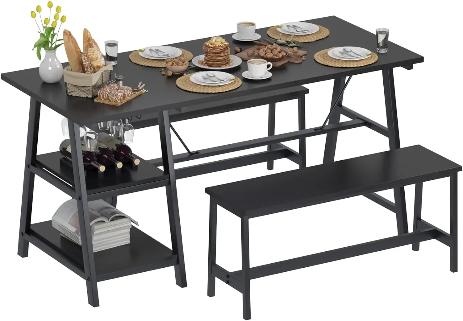 3 Pieces Kitchen Dining Table Set for 4, Breakfast Table Set with 2 Benches, 4-Person Wooden Dinette with Shelf and Glass Holder