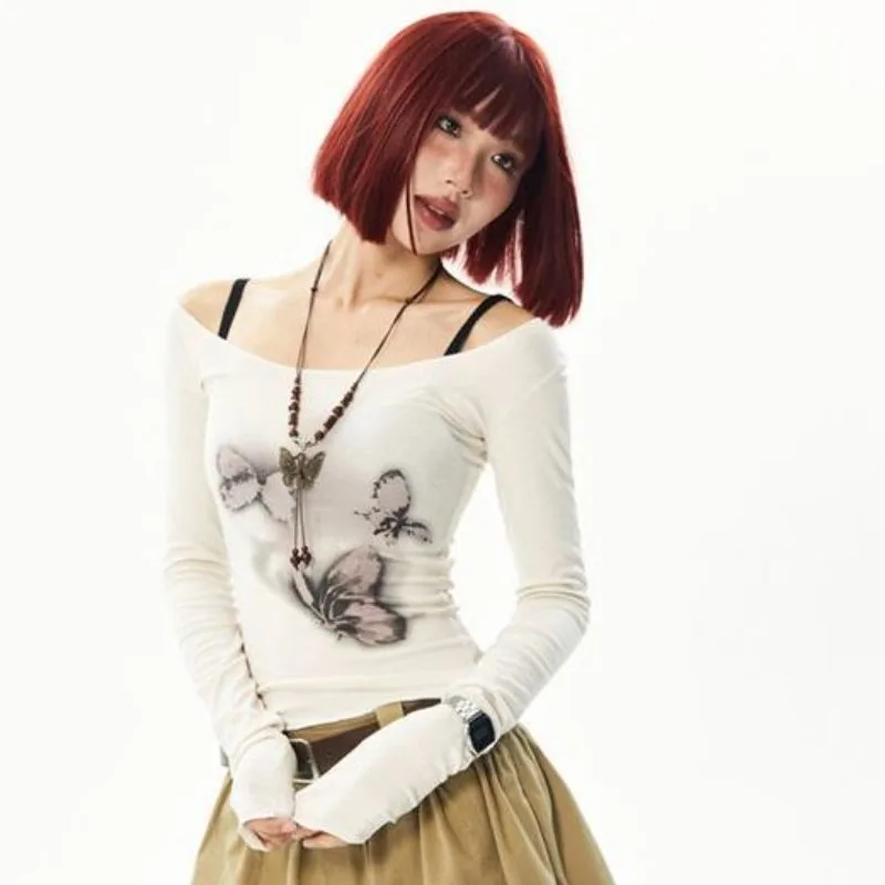 

Женские рубашки, Новое поступление, американская Милая Эстетическая одежда Y2K, облегающий винтажный Модный укороченный топ с принтом бабочек