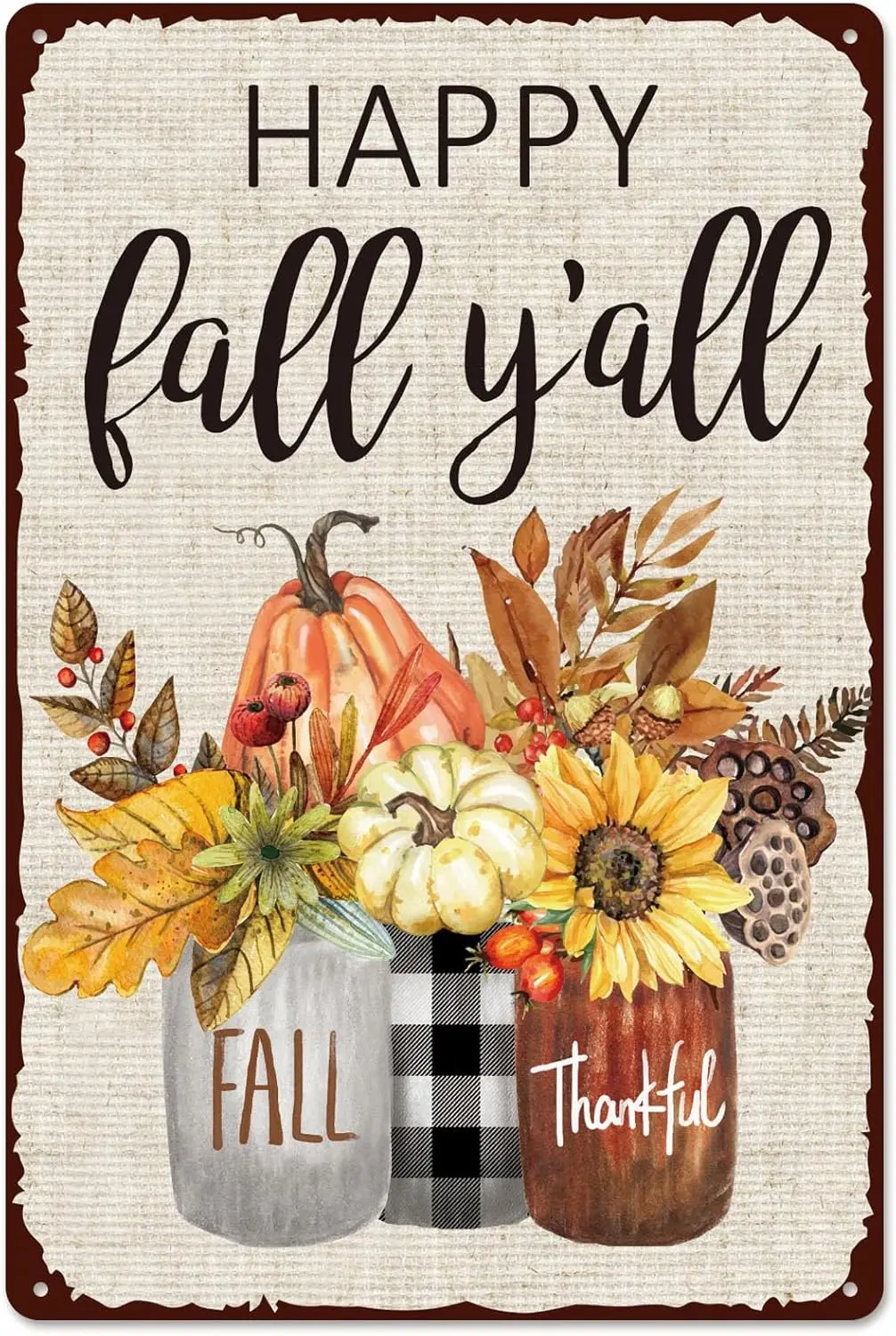 Whaline Retro Tin Sign Fall Thanksgiving Pumpkin Leaves Mason Jar Metal Day Wall Art Decor Welcome Holiday Dec