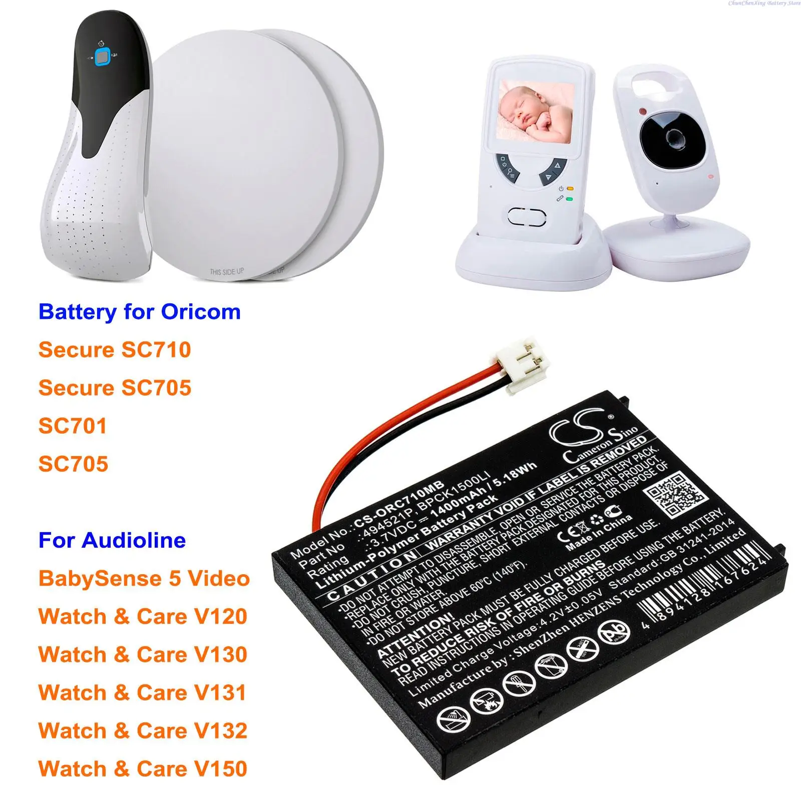 OrangeYu  1400mAh Battery for Oricom Secure SC710 SC705, For Audioline BabySense 5 Video, Watch&Care V120 V130 V131 V132 V150