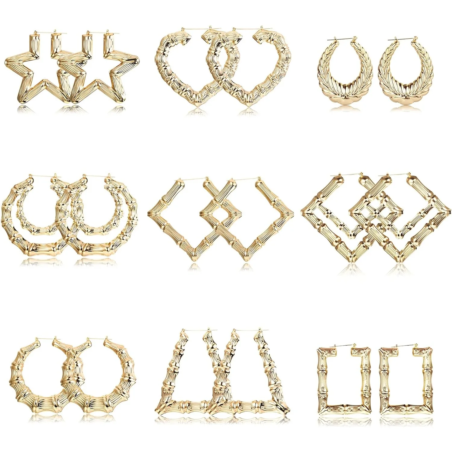 

Florideco 9 Pairs Large Bamboo Hoop Earring Set for Women Hip Hop Oversized Hollow Geometric Earrings Party Costume Jewelry