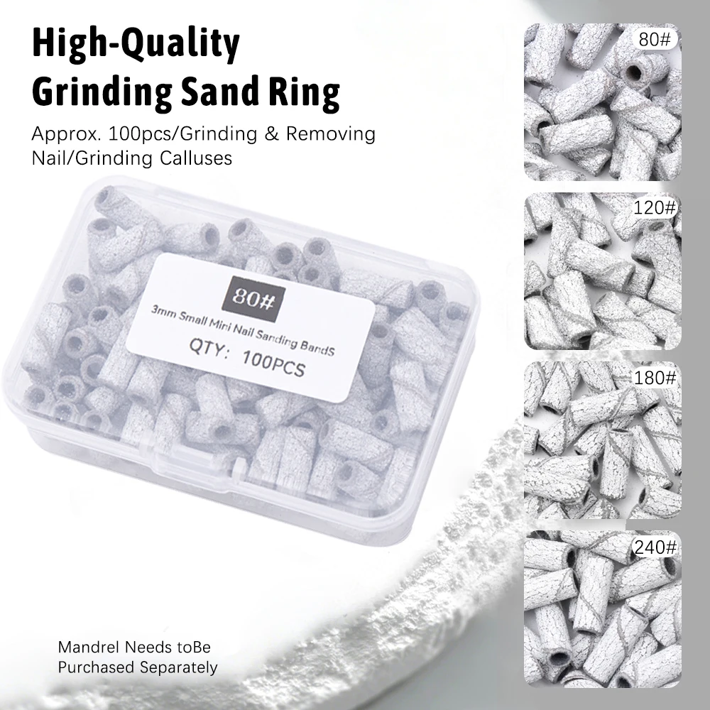 100pcs 3mm Nail Sanding Bands-80/120/180/240 Grit Mini Nail Drill Bit Electric Nail File Accessory Polishing Manicure Tool
