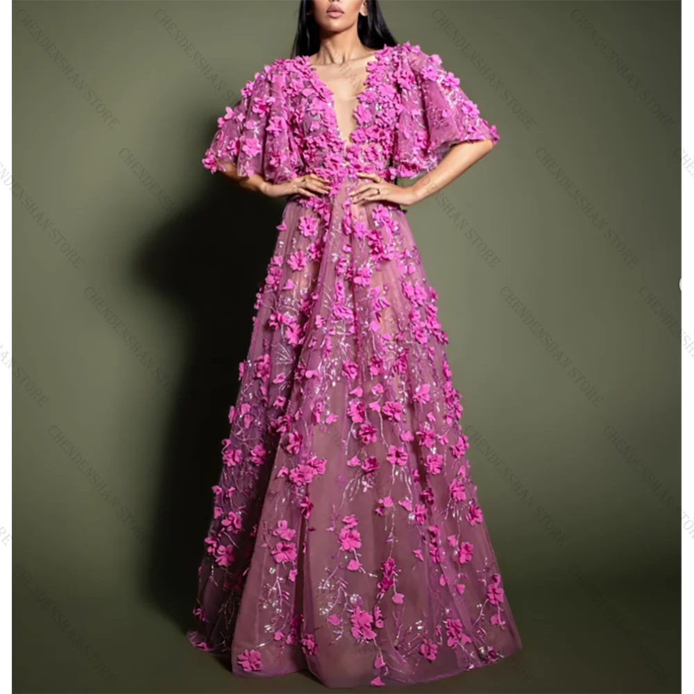 

Pink Flowers V Neck Short Sleeves Evening Dress A-Line Lady Prom Gown Robes De Soirée Customized Dresses
