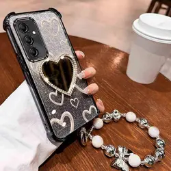 Airbag Wrist Strap Glitter Love Heart Mirror Phone Case On For Samsung Galaxy A13 A14 A15 A16 A23 34 A35 A36 A54 A55 4G 5G Cover
