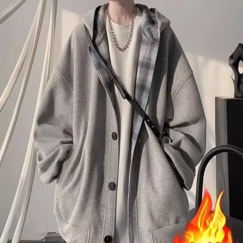 

Retro solid color plaid hooded cardigan, fake two-piece hoodie, men's and women's spring and autumn casual loose jacket