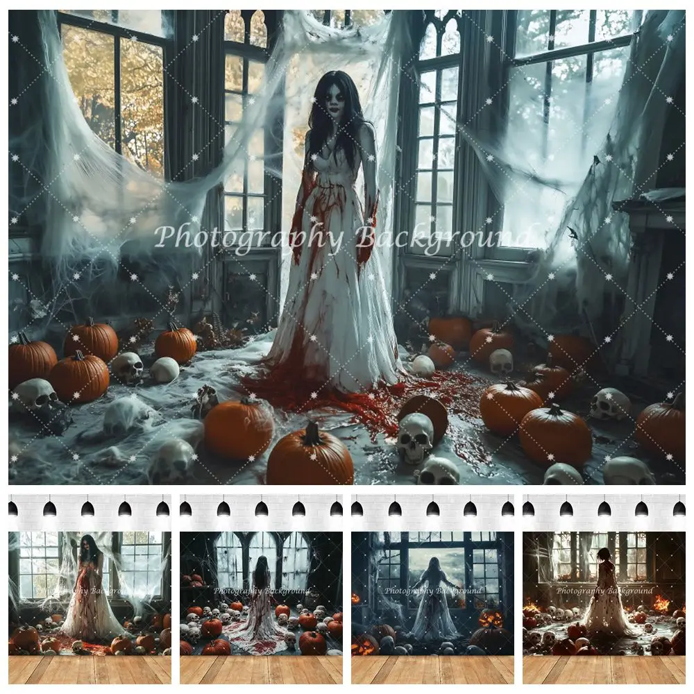 

Halloween Backdrop Gloomy Room Vampire Girl Skulls Pumpkin Horror Halloween Wall Decoration Photography Background Photostudio