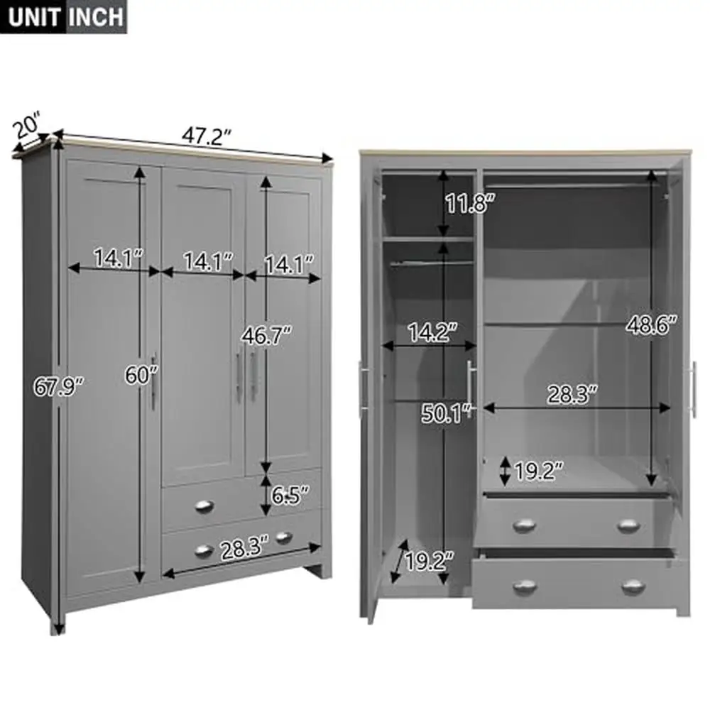 3-Door Grey Wooden Wardrobe Storage Cabinet Organizer Closet with Big Drawers and Hanging Rods