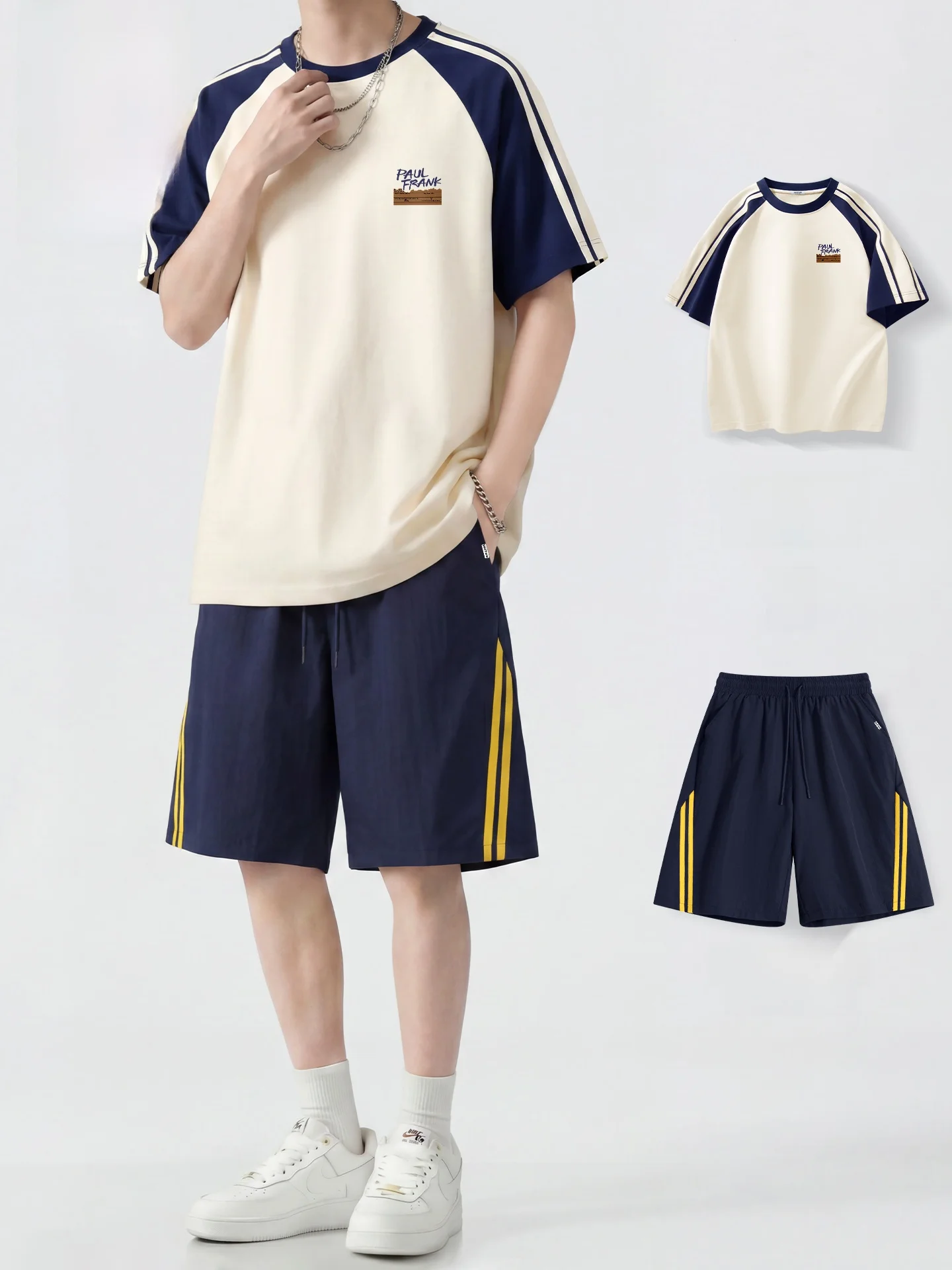 Conjunto  Estilo Americano Color Block Solto Casual Esportivo Camiseta de Manga Curta e Shorts para Homens Verão Mi...
