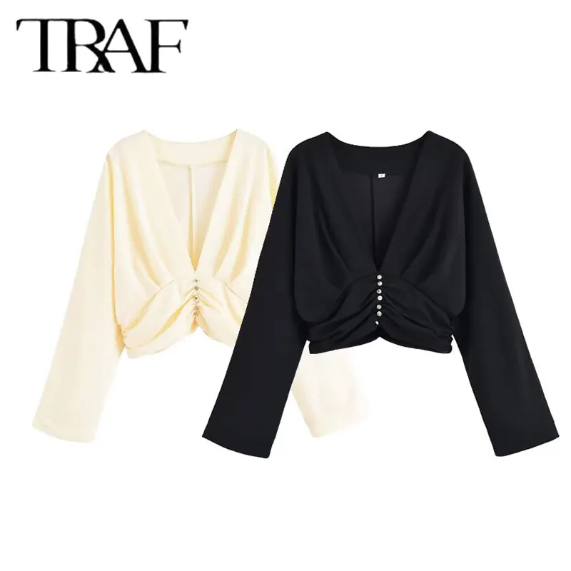 

TRAF 2025 women's summer new fashion French pleated design sense V-neck button decoration waist cinching short top ﻿