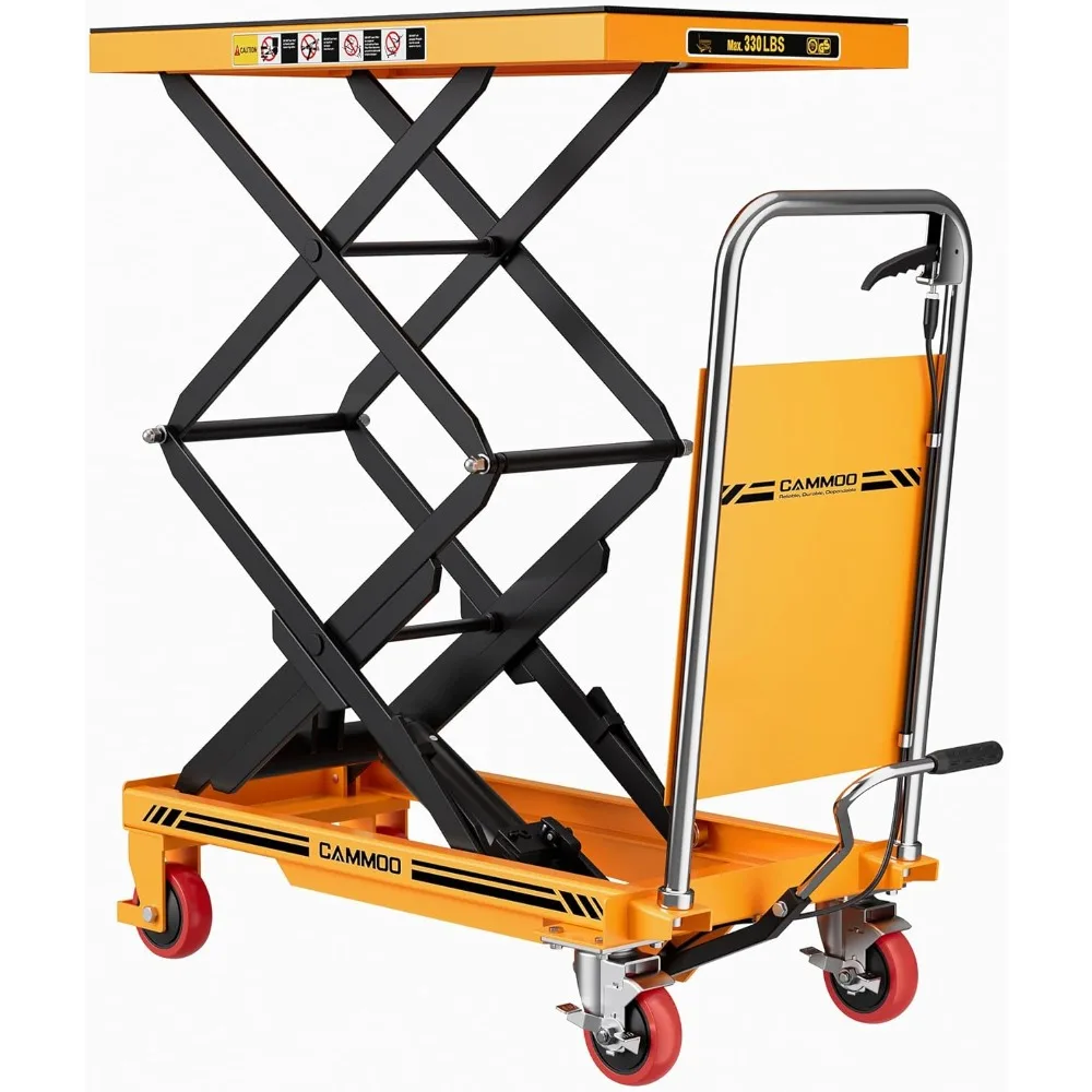 Hydraulic Lift Table Cart, 330lbs Capacity 49.6 Lifting Height, Double Scissor Lift Table with Non-Slip Pad & Safety Guard for M