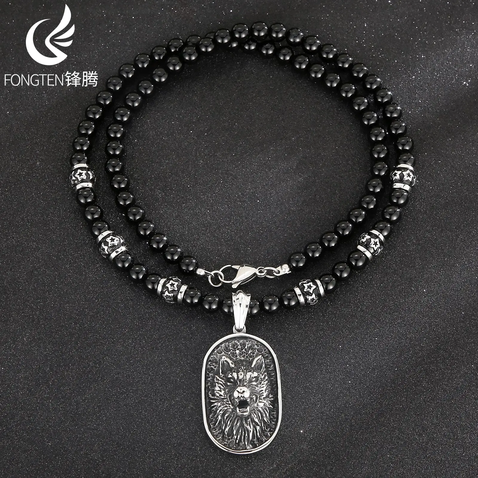 

Fongten Trendy Men's Retro Blackened Wolf Head Stainless Steel Necklace Dragon Head Hang Tag Agate Bead Chain Fashion Jewelry