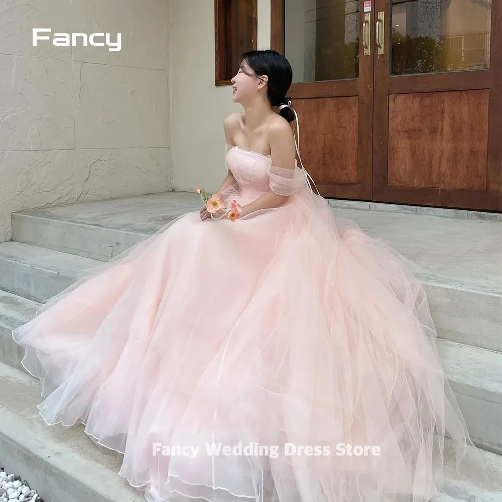 

Fancy 2024 Blush pink Off the Shoulder Korea Wedding Dress Simple Princess Strapless Tulle Floor-Length Bridal Gown customized