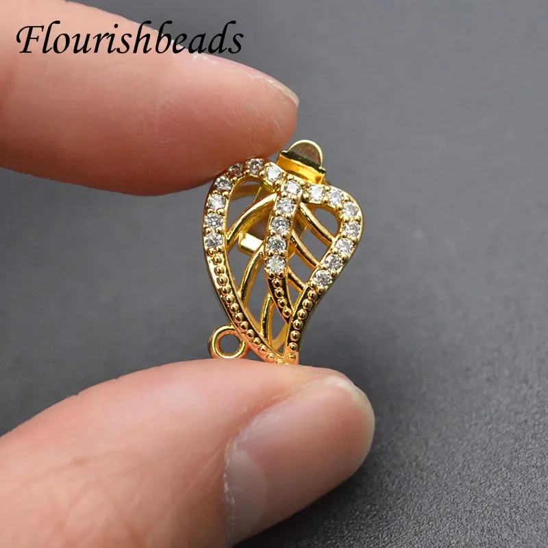 Nickle Free Real Gold Plating CZ Beads Paved Leaf Shape Clasp Connector DIY Necklace Bracelet for Jewelry Making 10pcs/lot
