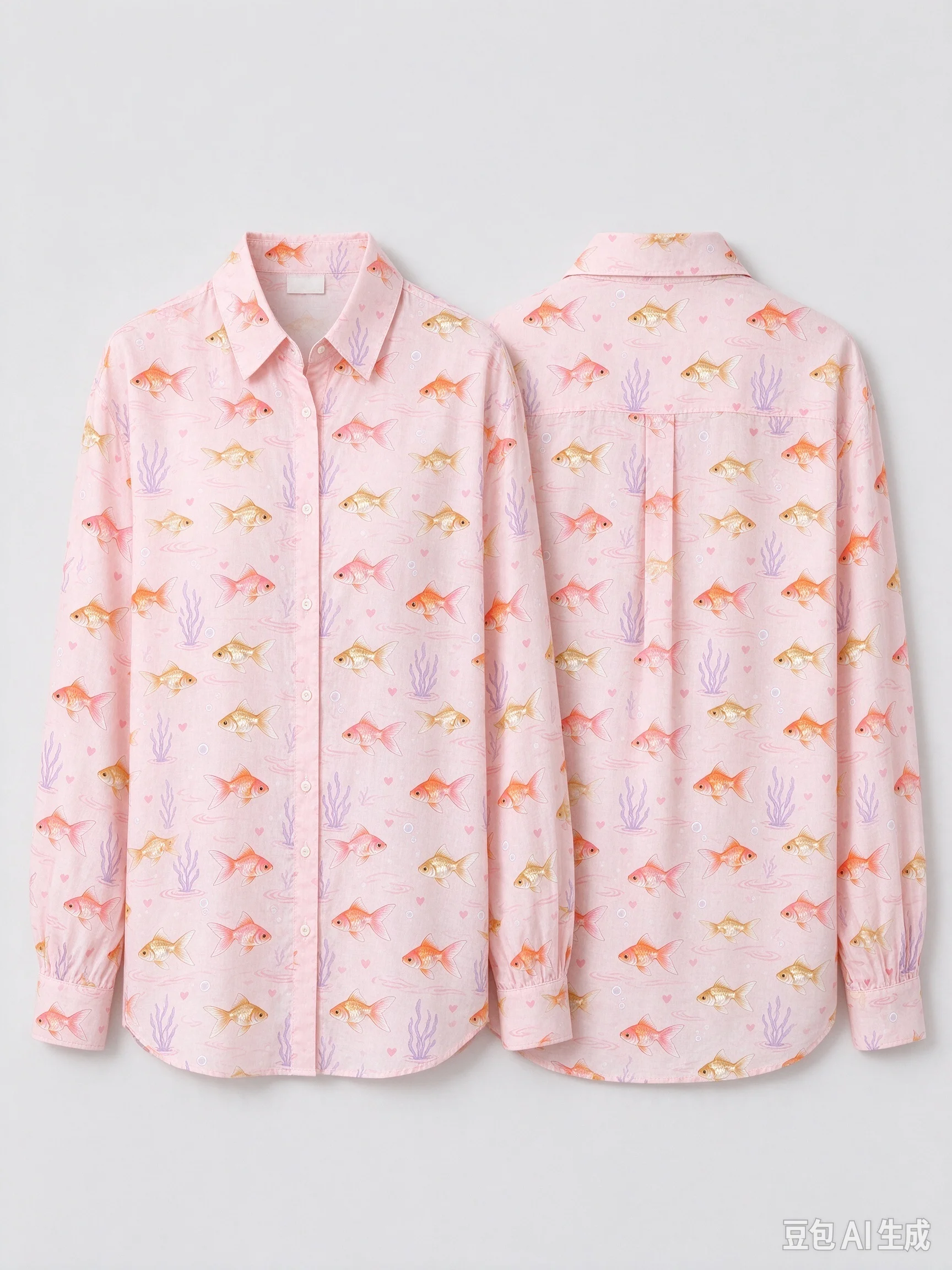 Unisex All Over Goldfish Print Long Sleeve Shirt, Loose Button Down Shirt with Front & Back Pattern for Men Women Cute Sea Anima