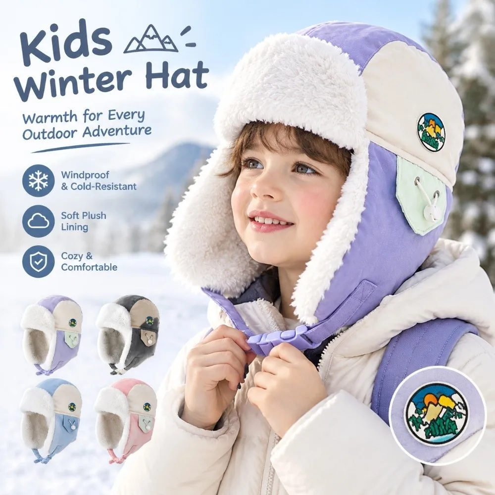 Polyester Fleece Lined Winter Trapper Hat Soft Inner Lining Adjustable Fit Children Fleece Lined Hat 49-55CM Warm Earflap Hat